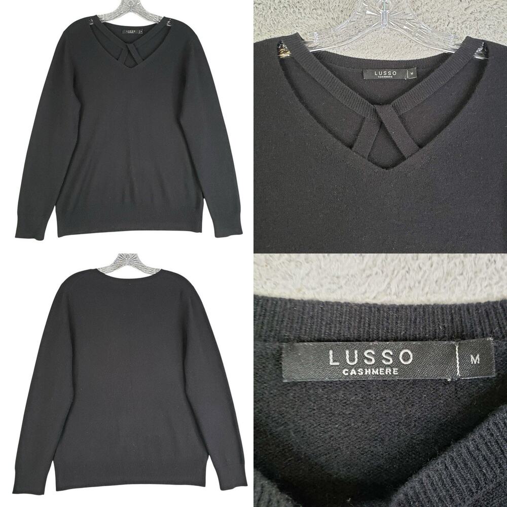 Lusso Cashmere Sweater Womens Size Medium M Black Long Sleeve Criss Cross